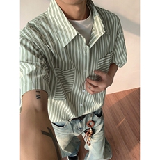 特批P30无差价夏季条纹港风翻领宽松五分短袖衬衫外套男CD5492，男装T恤，电商A001-1