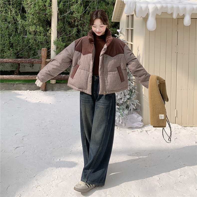 欧货高端拼接撞色羽绒服女冬季2025新款加厚保暖立领白鸭绒短外套,女装羽绒服,琦鑫阁（原依鑫阁）