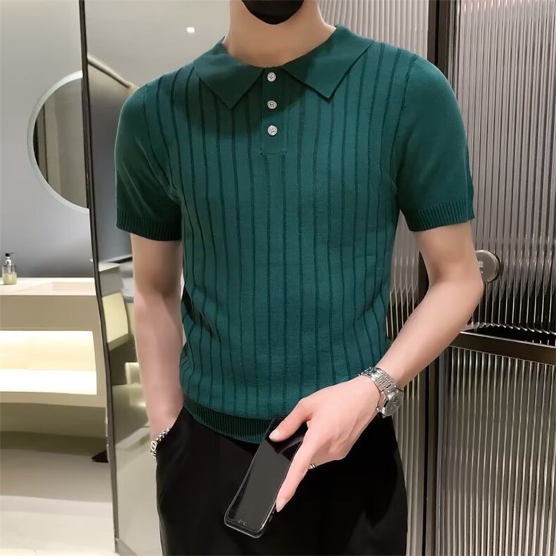夏季复古男装净色宽松翻领针织衫男休闲提花竖纹短袖Polo衫M819,男装针织衫/毛衣,星座1116A-2（原606A-1）