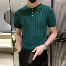 夏季复古男装净色宽松翻领针织衫男休闲提花竖纹短袖Polo衫M819，男装针织衫/毛衣，星座1116A-2（原606A-1）