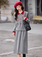 新款女装秋冬季刺绣针织马甲连衣裙两件套，女装套装/套裙，依多米