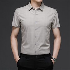 夏季新款男士格子衬衫男短袖薄款上衣中年商务休闲百搭衬衣男装图片