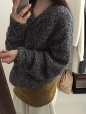 秋冬纯色V领长袖针织衫女韩版宽松时尚百搭上衣，女装羊毛衫，圣旺供货