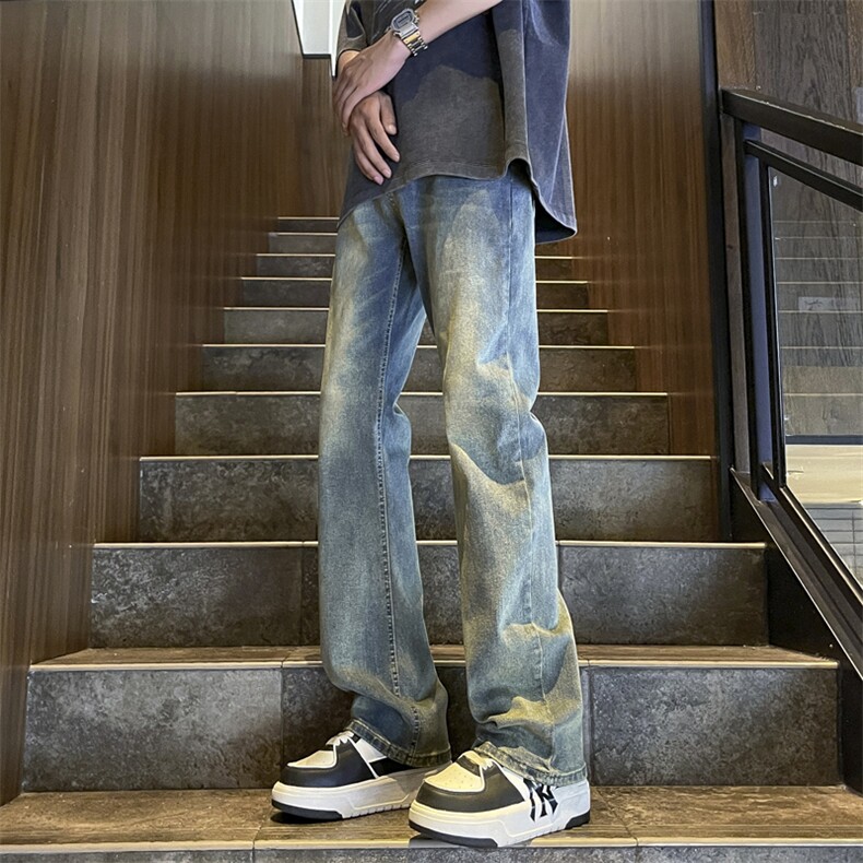 夏男牛仔裤微喇叭渐变色复古宽松直筒长裤NK988P40,男装牛仔裤,星座1013-1