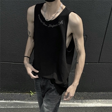 慵懒风2026夏季宽松坑条无袖T恤港风夏装绣花背心男装坎肩S323P23，男装T恤，电商A233-1