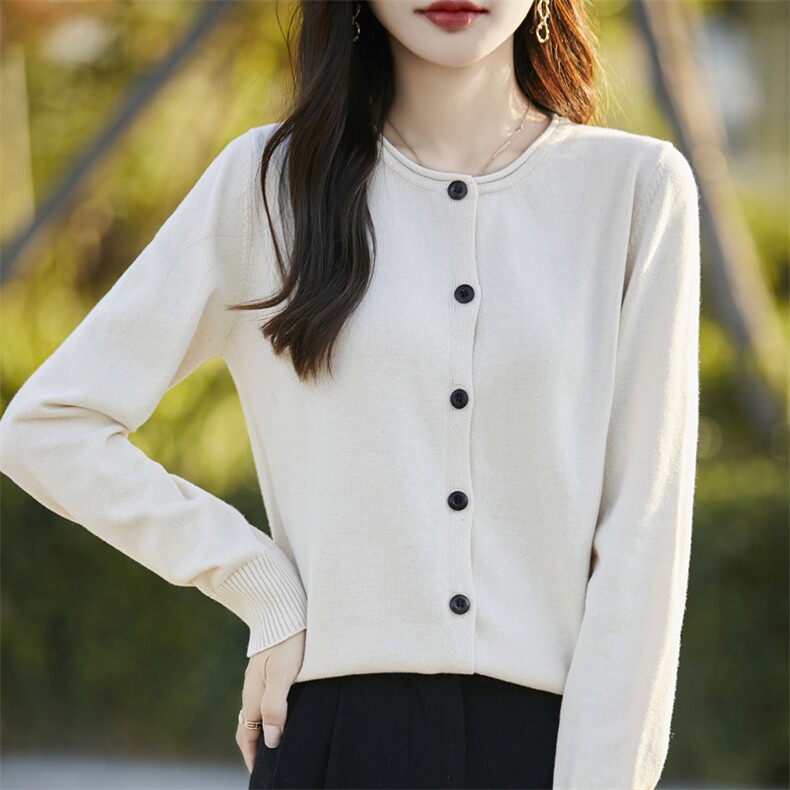 通勤简约圆领长袖针织开衫外套女纯羊毛保暖毛衣短款红色外搭上衣，女装针织衫/毛衣，彩羽羊绒