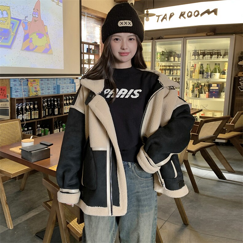 黑色炸街羊羔毛机车服外套女秋冬皮毛一体时尚洋气美拉德毛绒棉服,女装短外套,2C129
