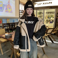 黑色炸街羊羔毛机车服外套女秋冬皮毛一体时尚洋气美拉德毛绒棉服，女装短外套，2C129