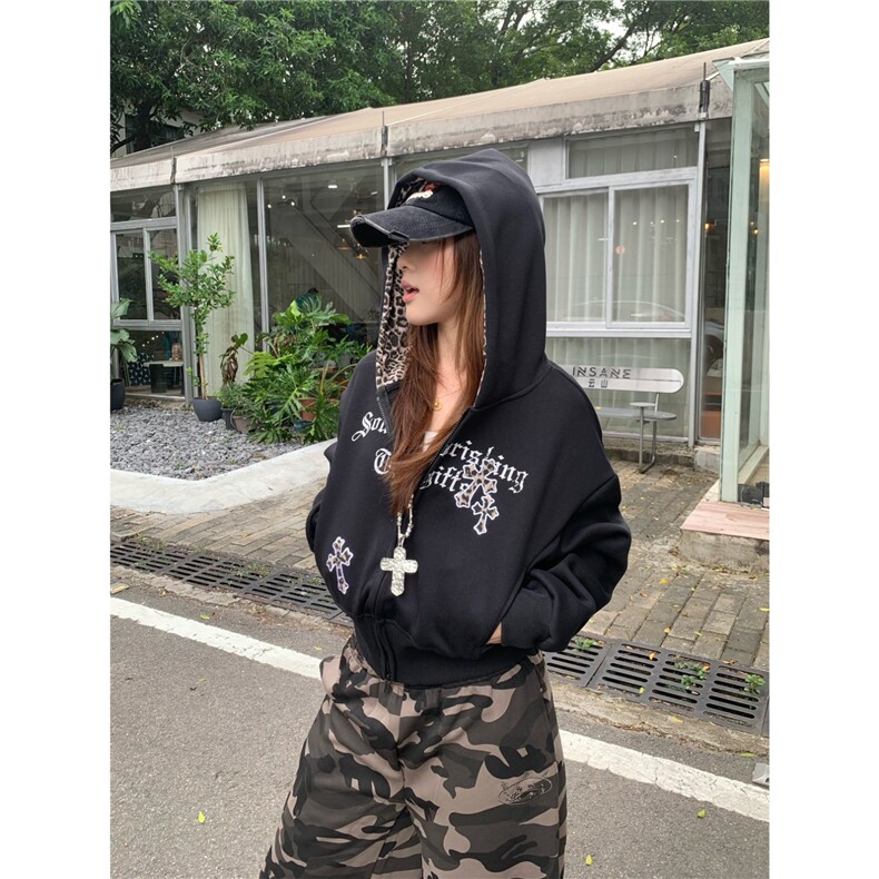JIAONI美式复古豹纹拼接连帽开衫卫衣女重磅宽松休闲高街拉链上衣,男装卫衣,星座506A