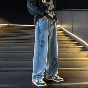 美式高街复古牛仔裤男秋冬新款宽松直筒阔腿裤休闲长裤NB227-p45图片