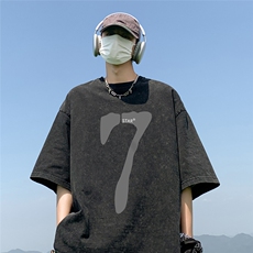 港风23夏季时尚百搭数字印花宽松水洗纯棉短袖T恤T61020P40控58，男装T恤，电商A268A