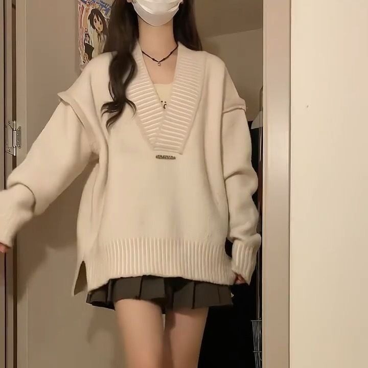 M28-P49秋冬新款慵懒风v领毛衣针织衫两件套百褶裙小个子奶系,男装针织衫/毛衣,电商B323A