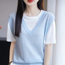 2025新款夏季假两件针织衫女宽松显瘦百搭短袖上衣洋气减龄打底衫，女装针织衫/毛衣，皓宇羊绒