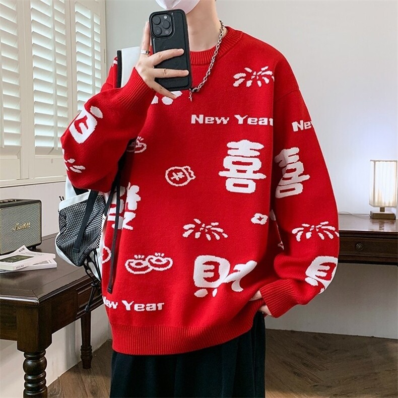 76279-特P60本命年毛衣男士秋冬季大红色潮牌潮流加厚打底针织衫图片