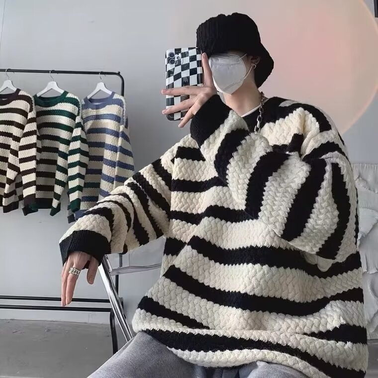 724-P43条纹圆领毛衣男秋冬季加厚宽松套头慵懒日系情侣针织衫,男装针织衫/毛衣,电商B323A