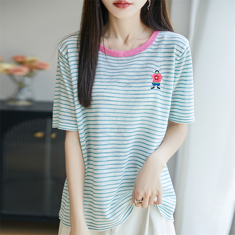 夏季竹节麻针织短袖T恤女圆领条纹刺绣拼色上衣宽松套头半袖打底,女装T恤,菲奥羊绒
