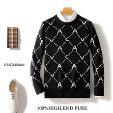 时尚男士秋冬新款羊毛拼色圆领毛衣高品质保暖舒适商务休闲，男装羊毛衫，邓利维