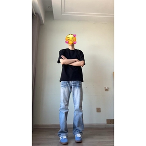 闪电纹冰蓝牛仔裤男款美式高街vibe裤子cleanfit高个子直筒微喇裤图片