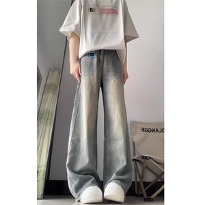 怀旧蓝大码阔腿牛仔裤男女春秋新款高腰宽松拖地直筒裤AM182P44,秋季阔腿牛仔裤怎么搭配图片