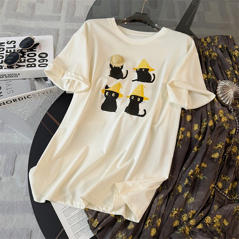 欧韩时尚气质套装女夏季新款洋气卡通猫咪印花撞色短袖长裙两件套，女装套装/套裙，江南