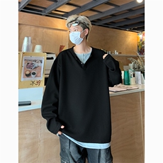 港风日系复古秋季新款套头宽松V领长袖T恤男XZ213-V002-P55控68，男装T恤，星座213