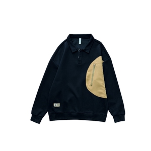 AW217/P78控108秋季社会小伙翻领拼接撞色设计感打底卫衣男黑首图片