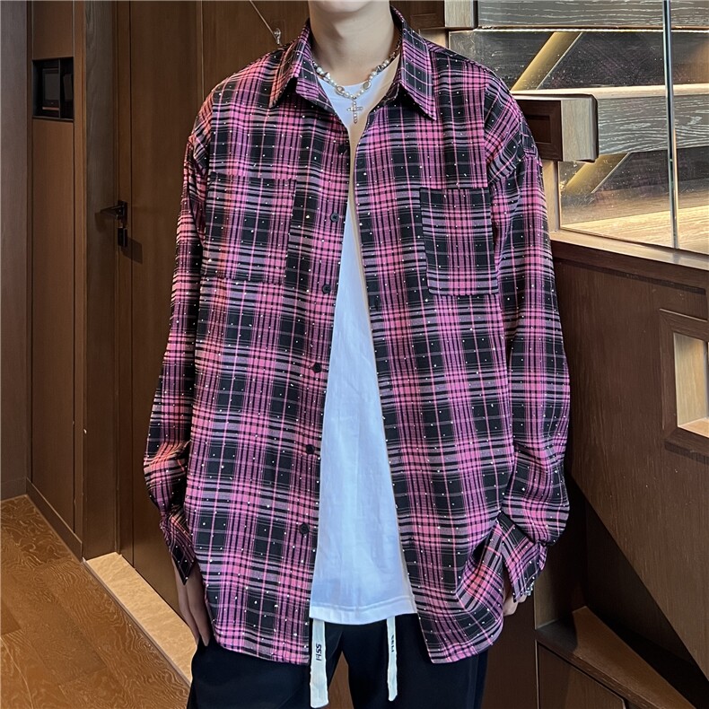 秋款潮流宽松男女情侣长袖烫钻格子衬衫外套212-2-DY74-P65,男装衬衫,星座808A-1