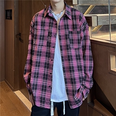 秋款潮流宽松男女情侣长袖烫钻格子衬衫外套212-2-DY74-P65，男装衬衫，星座808A-1