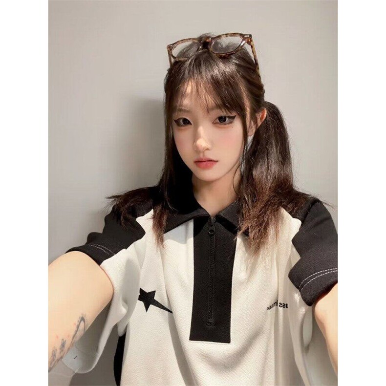 现货美式复古短袖polo衫女夏季宽松t恤情侣拼接上衣PLD2299-P30,男装T恤,星座1008