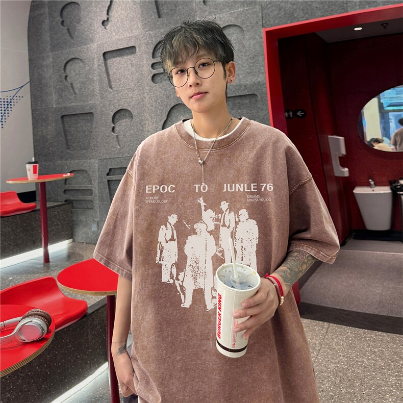 夏季2024港风新款水洗美式情侣短袖T恤男装宽松复古半袖S307-P38,男装T恤,电商A233-1