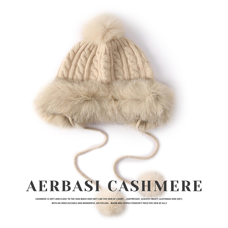 秋冬新款35%羊绒三股加厚绞花带球毛边帽，帽子，蒙娇羊绒