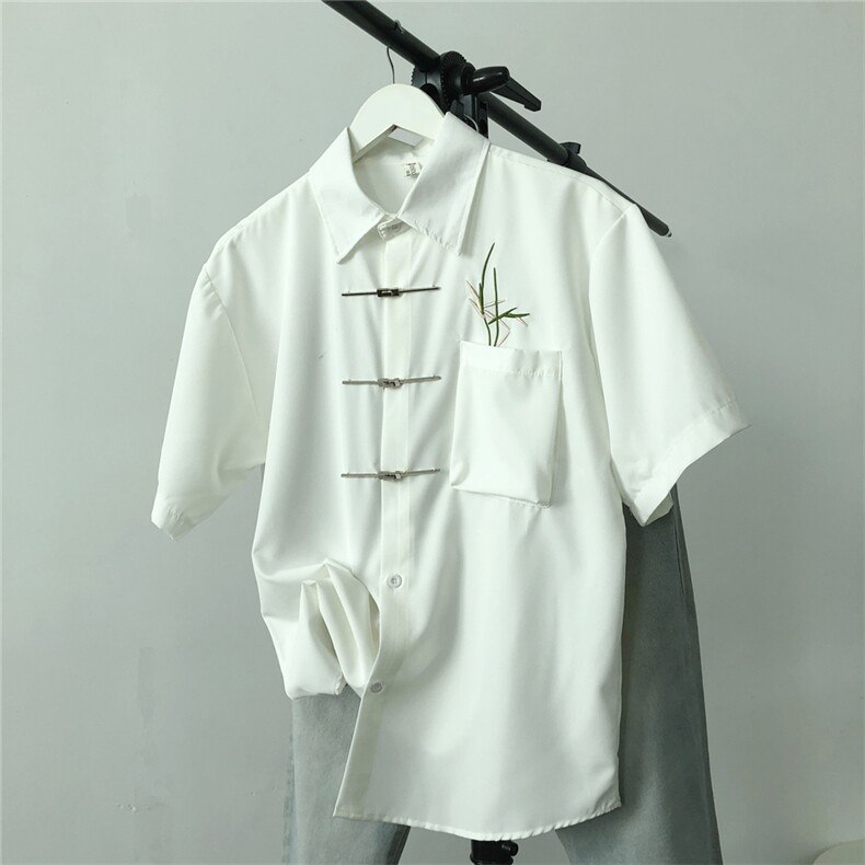 风男装长袖衬衫翠竹叶刺绣短袖衬衣休闲新中式唐装衬衣-C5520,男装T恤,星座601-2