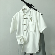 风男装长袖衬衫翠竹叶刺绣短袖衬衣休闲新中式唐装衬衣-C5520，男装T恤，星座601-2
