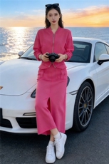 港风时尚休闲套装裙女春季新款玫红色开衫卫衣开叉半身裙两件套潮，女装套装/套裙，江南