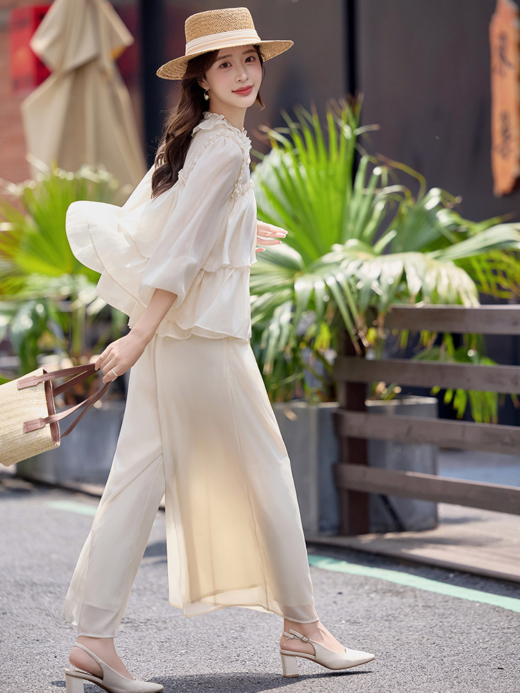 法式温柔风气质套装女2026夏季新款轻薄长袖防晒衬衫阔腿裤两件套,女装套装/套裙,水衣源