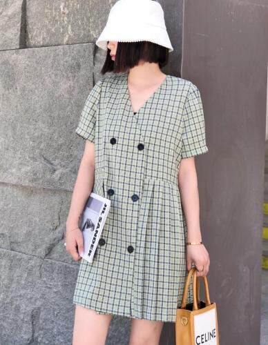 欧韩风V领格子连衣裙,女装连衣裙,非次元