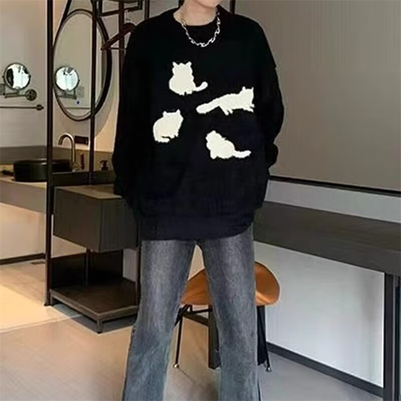 猫咪马海毛毛衣男女同款情侣秋季潮牌美式复古宽松慵懒针织衫,男装针织衫/毛衣,星座218-1（原230）