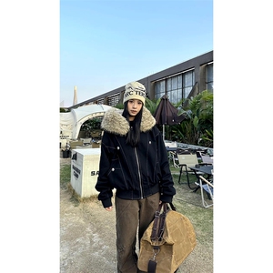 现货重磅boxy短款棉衣座山雕大毛毛领男女棉服水洗工装厚外套图片