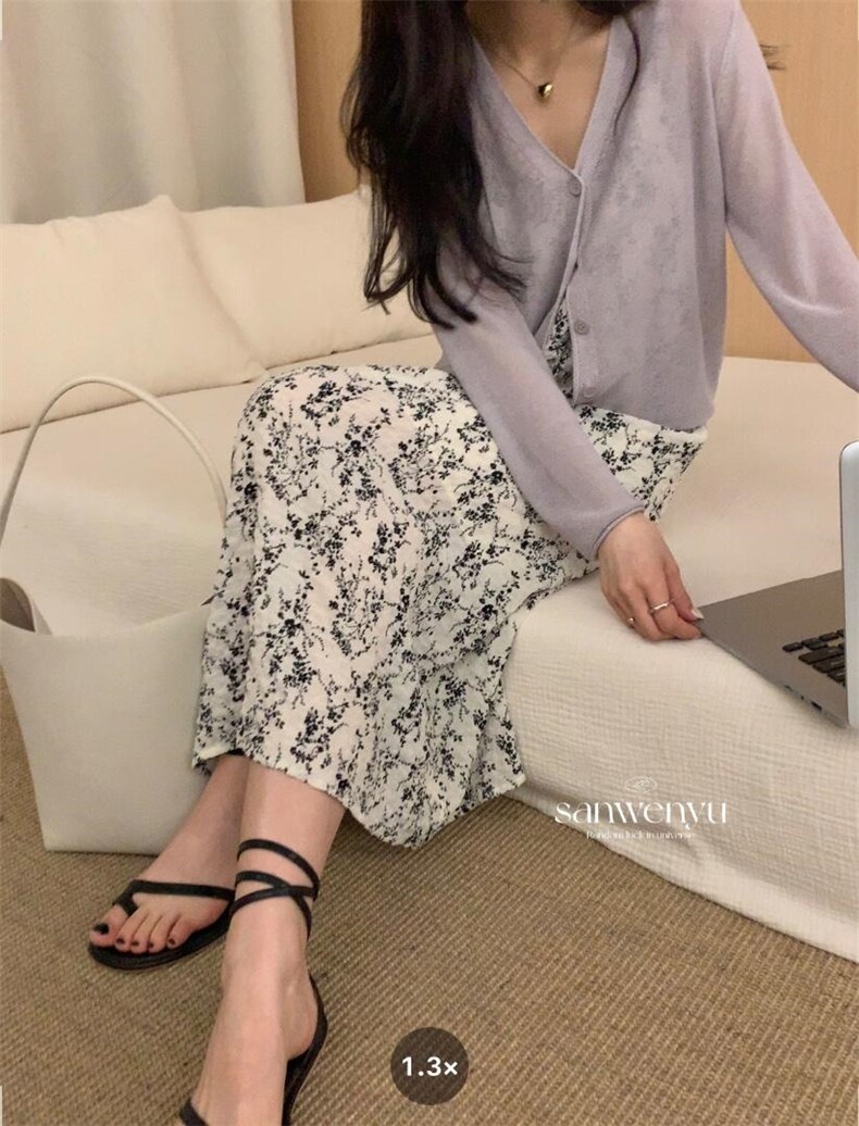 夏季新款碎花吊带裙?针织开衫，女装背心吊带，三文鱼