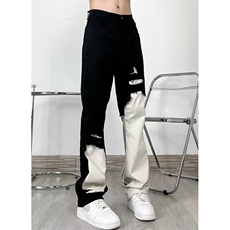 美式高街vibe黑白拼接裤男潮牌破坏微喇叭休闲直筒裤L60411-p48，男装牛仔裤，星座1008
