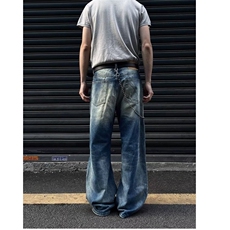 2025美式复古破洞猫须水洗做旧牛仔裤男潮宽松直筒街头痞帅裤子，男装牛仔裤，星座506A