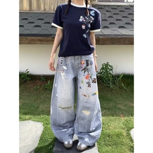 小众设计感个性涂鸦牛仔长裤男女宽松直筒中腰阔腿微喇拖地老爹裤图片
