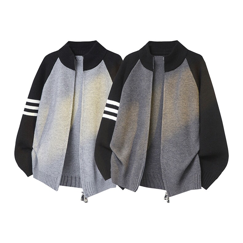 重磅秋冬北极绒开衫毛衣美式复古休闲慵懒风撞色立领针织衫外套，男装针织衫/毛衣，电商A486-1