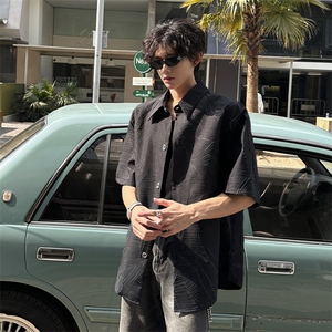 夏季新款短袖衬衫小众解构肌理感黑色裂纹韩版花衬衫打底T恤P50图片