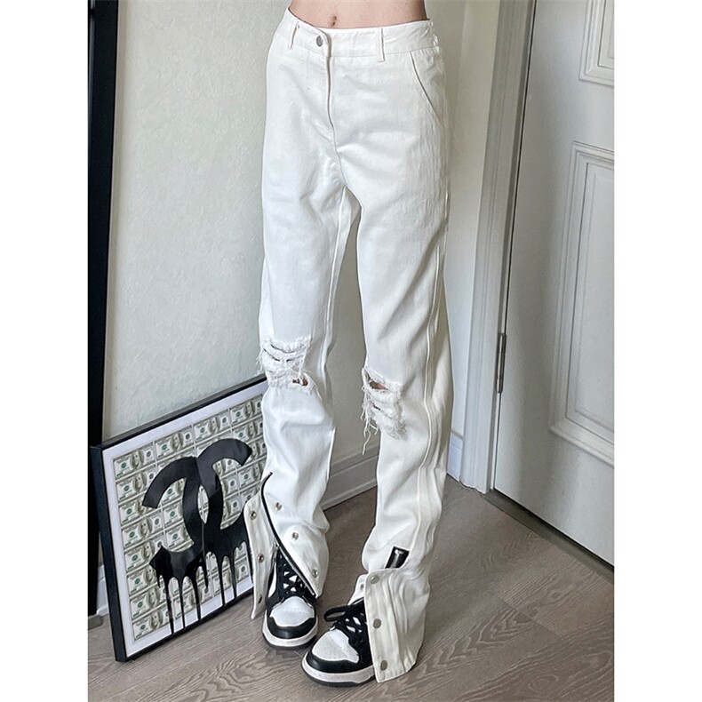 美式高街ins小众拉链hiphop排扣破洞休闲牛仔裤货号K642P60控78图片