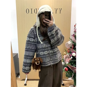 高品 费尔岛羊羔毛连帽夹克加厚加绒防风摇粒绒外套男女A1243-P90图片
