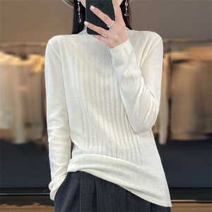半高领100%纯羊毛衫女春秋新款抽条针织长袖毛衣宽松羊绒衫打底衫图片