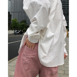 潮牌时尚冰莓粉宽松直筒水洗牛仔裤X1002-1-NZ2413-现货图片