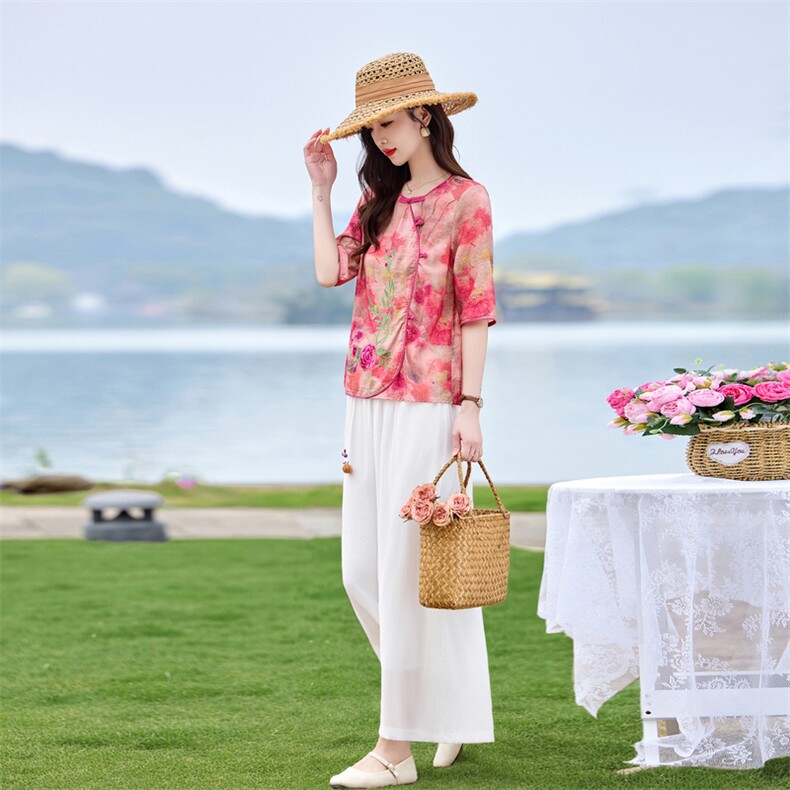 新中式盘扣刺绣套装女2026夏季新款复古气质宽松阔腿裤两件套,女装套装/套裙,魅影