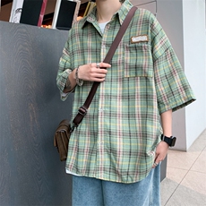 格子新款夏季短袖衬衫男港风潮流百搭宽松休闲半袖外套CS0355-P35，男装衬衫，星座308B-1